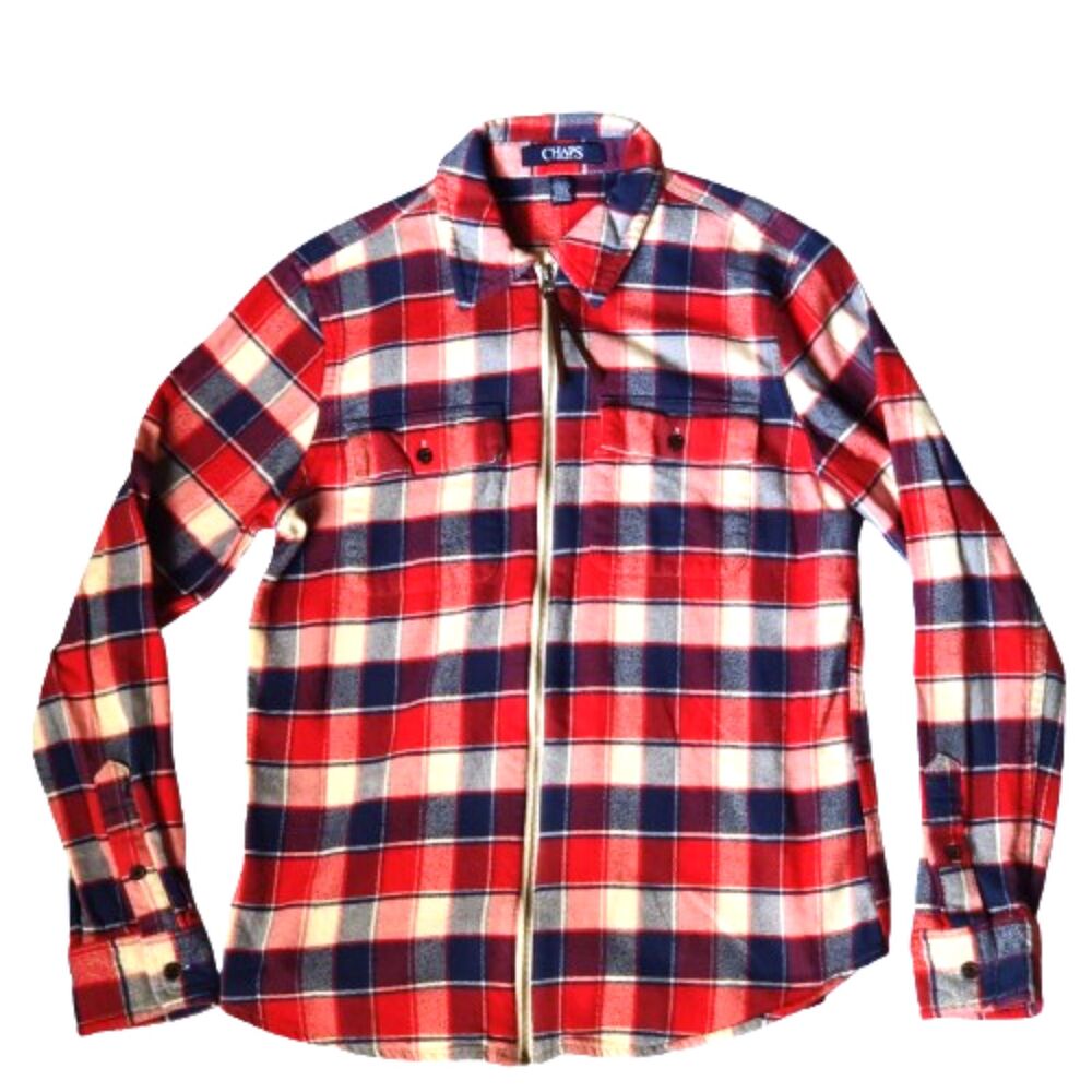 Chaps Women’s Small Plaid Flannel Shirt Jacket Full Zip Red Blue Cotton